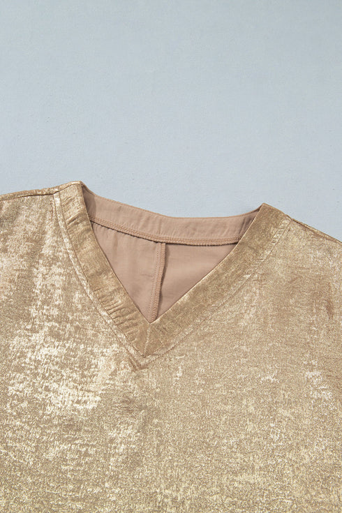 Metallic V Neck Button Cuff Long Sleeve Dolman Blouse