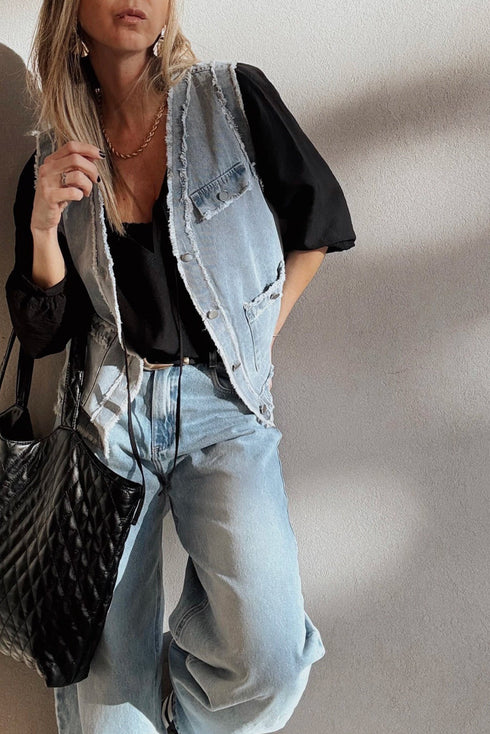 Modern Solid Frayed Edge Flap Pocket Denim Vest