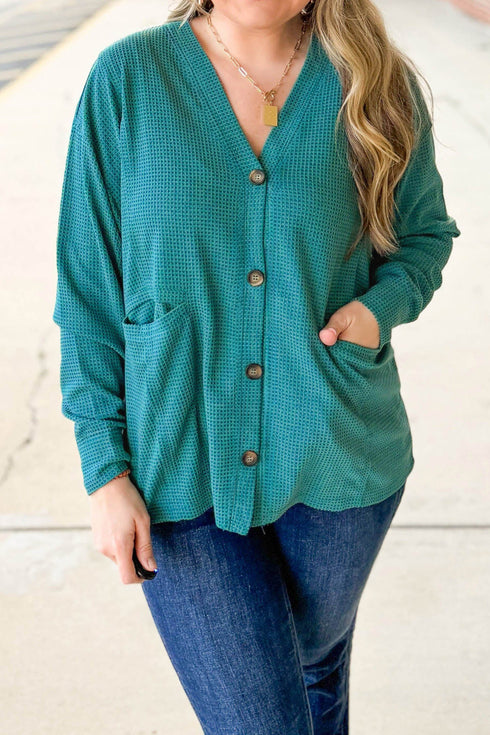 V Neck Waffle Textured Button Front Tunic Long Sleeve Jacket