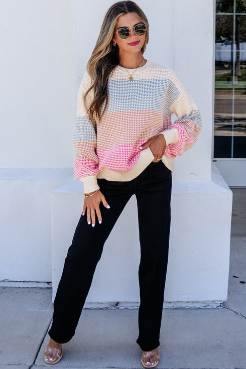 Paneled Drop Shoulder Round Neck Long Sleeve Pullover Sweater