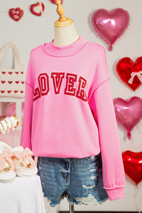 Lover Graphic Mock Neck Exposed Seam Pullover Sweatshirt