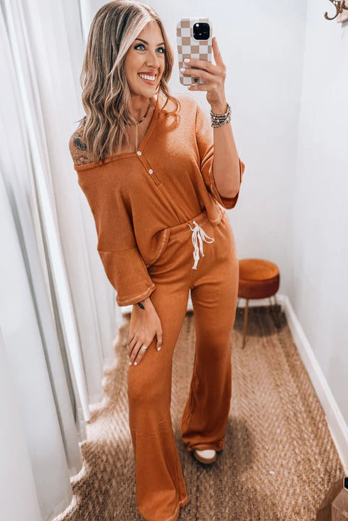 Buttoned V Neck Half Sleeve Flare Pant Set