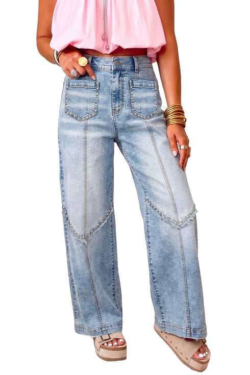 Frayed Studded Detail Wide Leg Pocketed Jeans