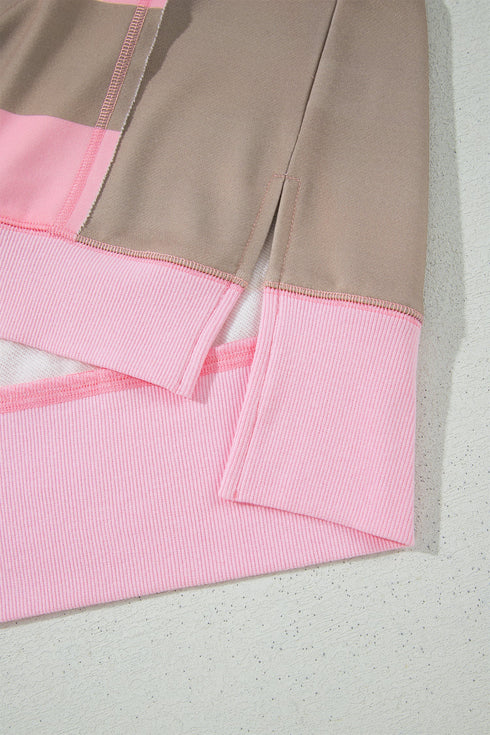 Striped Patch Pocket Split Hem Oversized Long Sleeve Sweatshirt