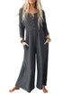 Solid Button Front Long Sleeve Wide Leg Jumpsuit