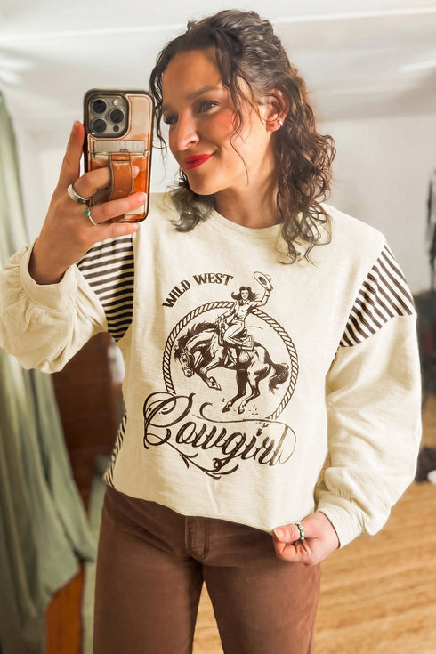 Western Print Striped Detail Long Sleeve Top