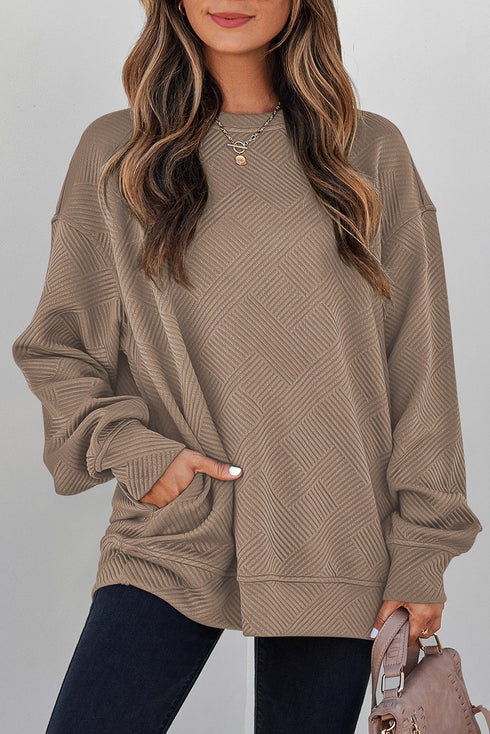 Textured Drop Shoulder Round Neck Pullover Sweatshirt