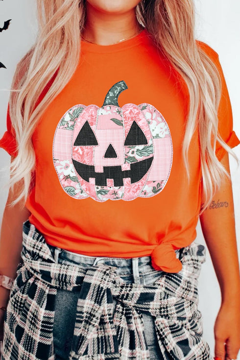 Patchwork Pumpkin Graphic Short Sleeve Round Neck Tee