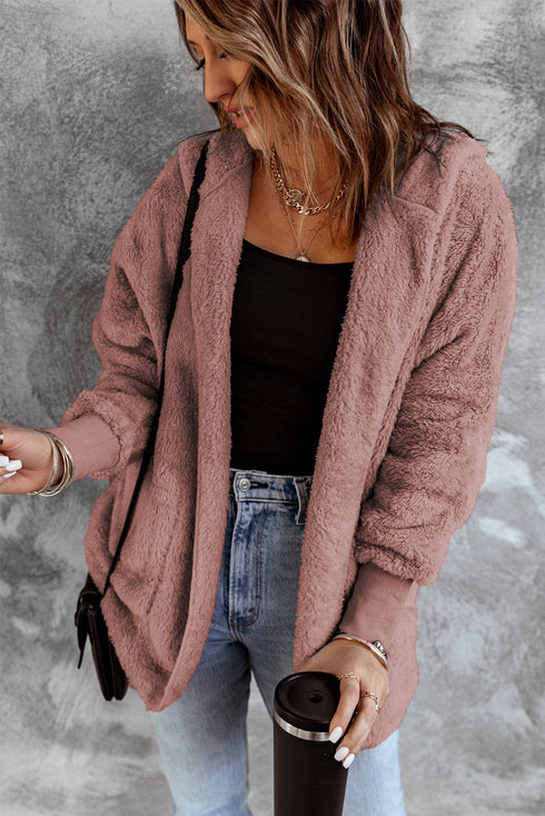 Chic Soft Fleece Hooded Open Front Jacket