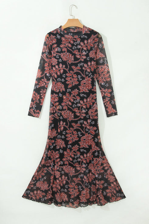 Retro Floral Print Long Sleeve Mesh Maxi Dress