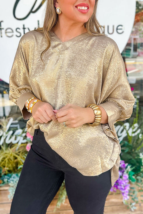 Metallic V Neck Button Cuff Long Sleeve Dolman Blouse