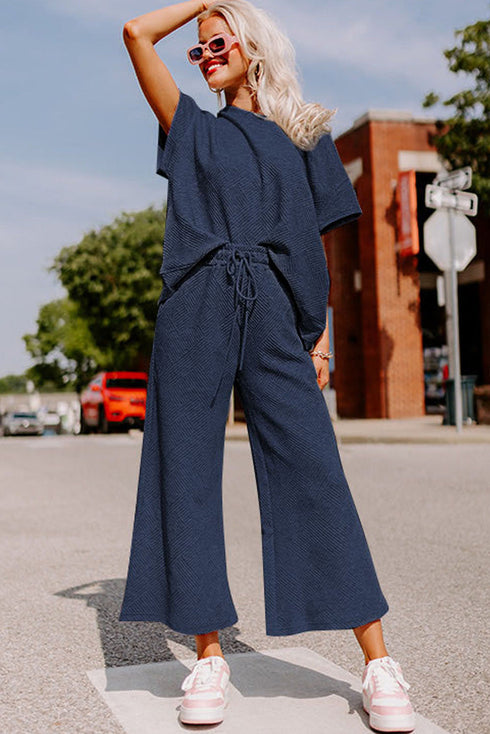 Textured Solid Loose Fit Wide Leg Pant Set
