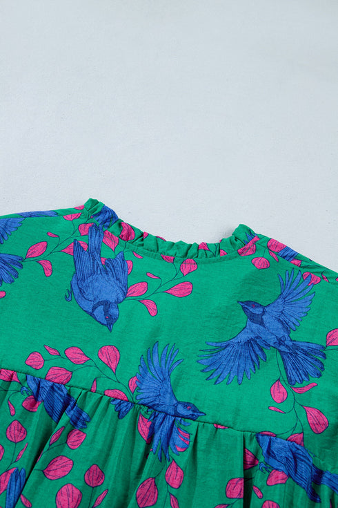 Painterly Abstract Print V Neck Flounced Puff Sleeve Blouse