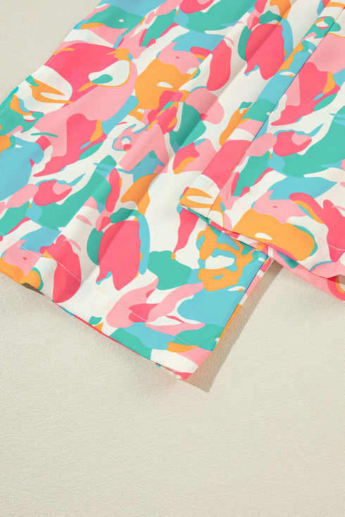 Abstract Print Ruffle Sleeve Smocked Wide Leg Pant Sets