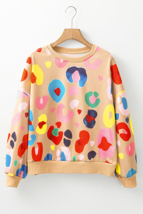 Abstract Animal Print Balloon Sleeve Crew Neck Sweatshirt