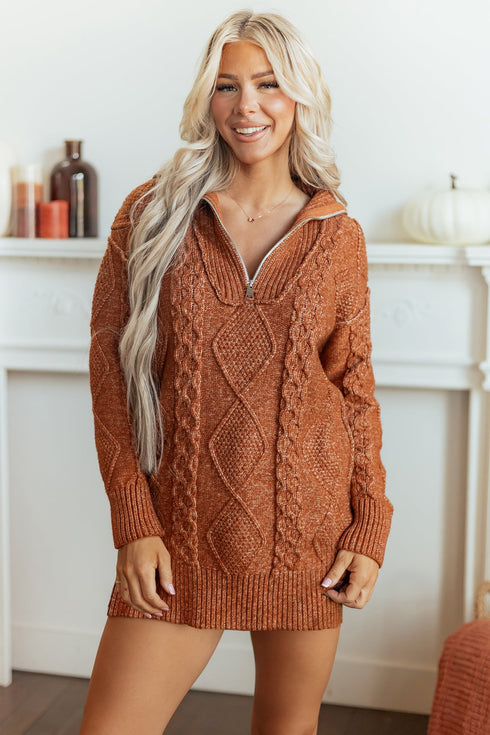 Zip Up Cable Knit Drop Shoulder Sweater Dress