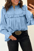 Western Ruffle V Neck Long Sleeve Chambray Blouse