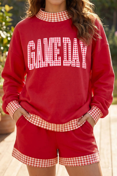 Gingham Trim Graphic Long Sleeve Top Coordinated Short Set