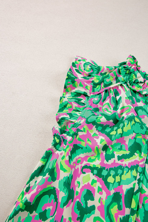 Abstract Print Ruffle Flutter Sleeve Tie Neck Blouse