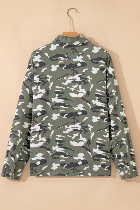Camo Print Chest Pockets Loose Fit Denim Jacket