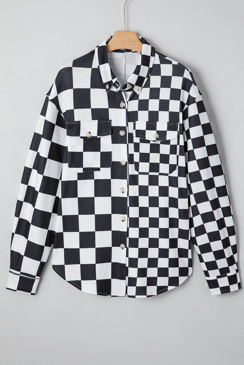 Checkered Print Flap Pocket Button Front Shacket
