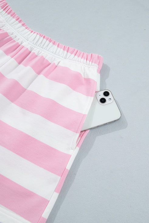Striped Patchwork Zipper Pullover Elastic Waist Shorts Two Piece Short Set