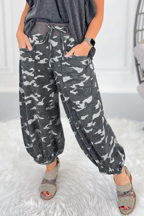 Camouflage Print Drawstring Waist Cargo Barrel Pants