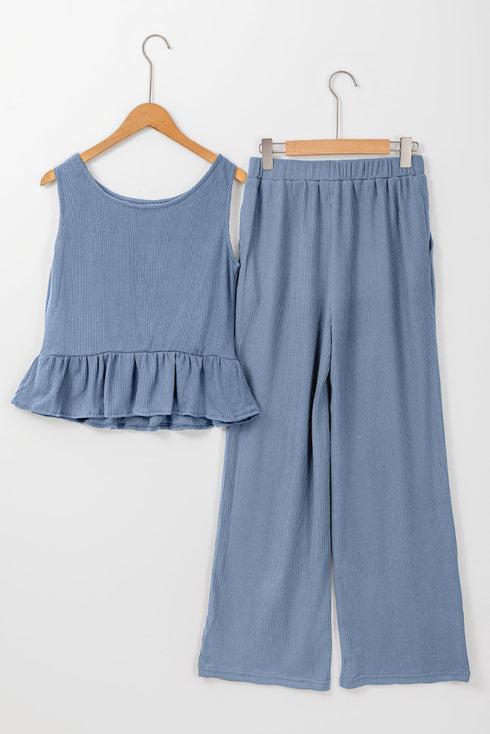 Textured Ribbed Ruffle Tank Top Wide Leg Pant Set