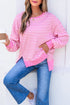 Striped Waffle Knit Split Hem Textured Long Sleeve Top
