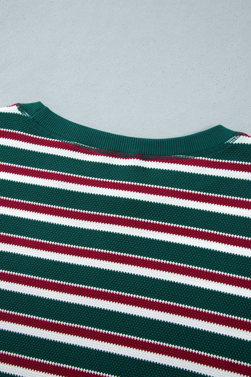 Striped Waffle Knit Round Neck Long Sleeve Sweatshirt