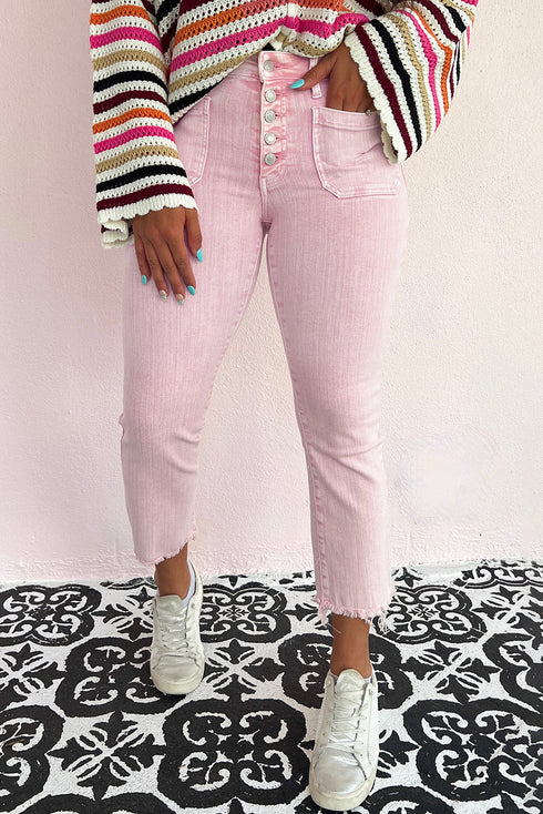 Casual Multi Button Raw Edge Cropped Denim Jeans