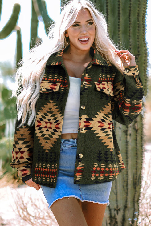 Aztec Print Long Sleeve Flap Pocket Western Jacket