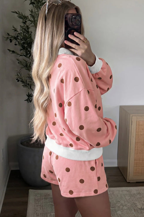 Polka Dot Ribbed Trim Long Sleeve Short Set