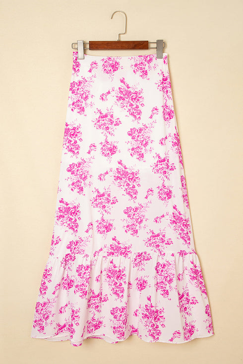 Bohemian Floral Print High Waist Ruffle Split Maxi Skirt