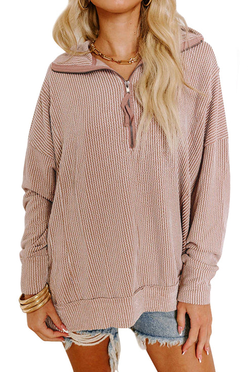 Twist Ribbed Zip Collar Drop Shoulder Long Sleeve Top