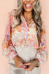 Abstract Floral Balloon Sleeve Button Down Blouse