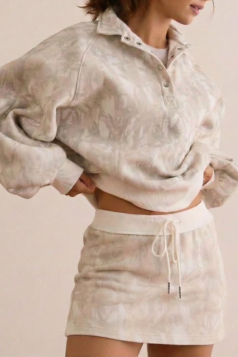 Abstract Woodland Print Balloon Sleeve Pullover Skort Two Piece Dress