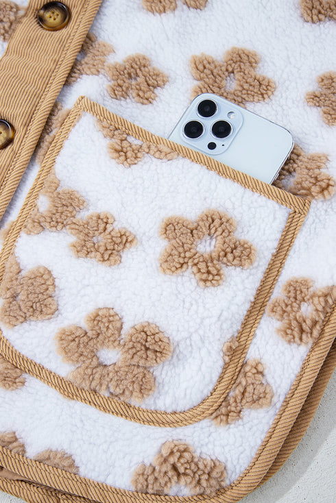 Flower Pattern Button Up Sherpa Fleece Jacket