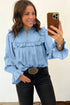 Western Ruffle V Neck Long Sleeve Chambray Blouse