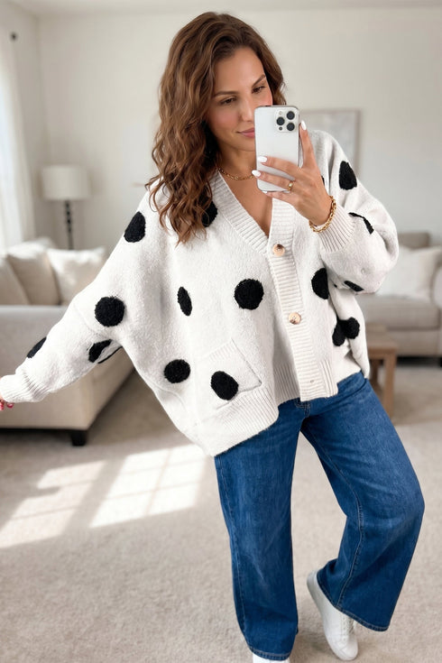 Polka Dot Button Front Oversized V Neck Cardigan