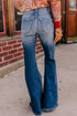 Distressed Western Style Button Fly High Waist Flare Jeans