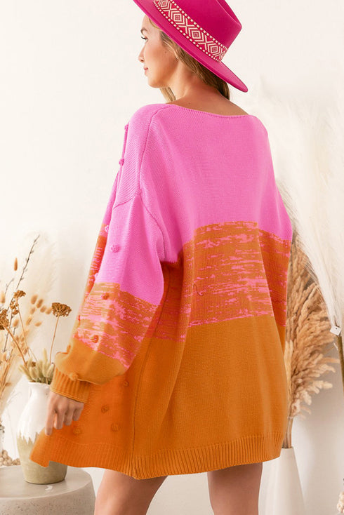 Slouchy Color Block Pom Pom Textured Knit Cardigan