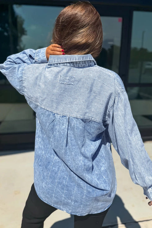 Striped Pattern Vintage Denim Long Sleeve Blouse