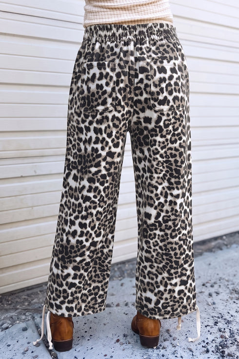 Cotton Denim Leopard Print Drawstring Jogger Jeans