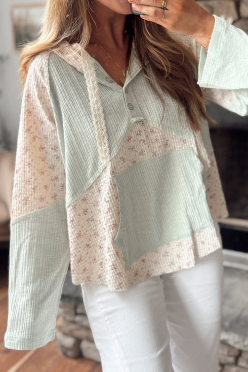 Floral Patchwork Ribbed Button Hooded Long Sleeve Top