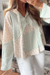 Floral Patchwork Ribbed Button Hooded Long Sleeve Top