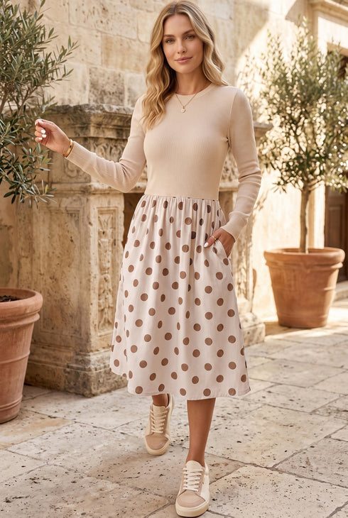 Ribbed Polka Dot Long Sleeve Textured Midi Dress