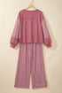 Raw Seam Patchwork Long Sleeve Top Pocket Two Piece Pant Set