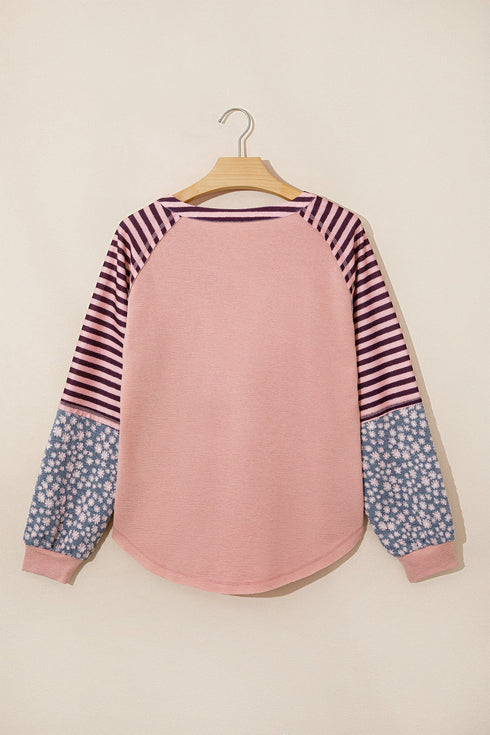 Striped Floral Patchwork V Neck Seam Long Sleeve Top