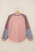 Striped Floral Patchwork V Neck Seam Long Sleeve Top